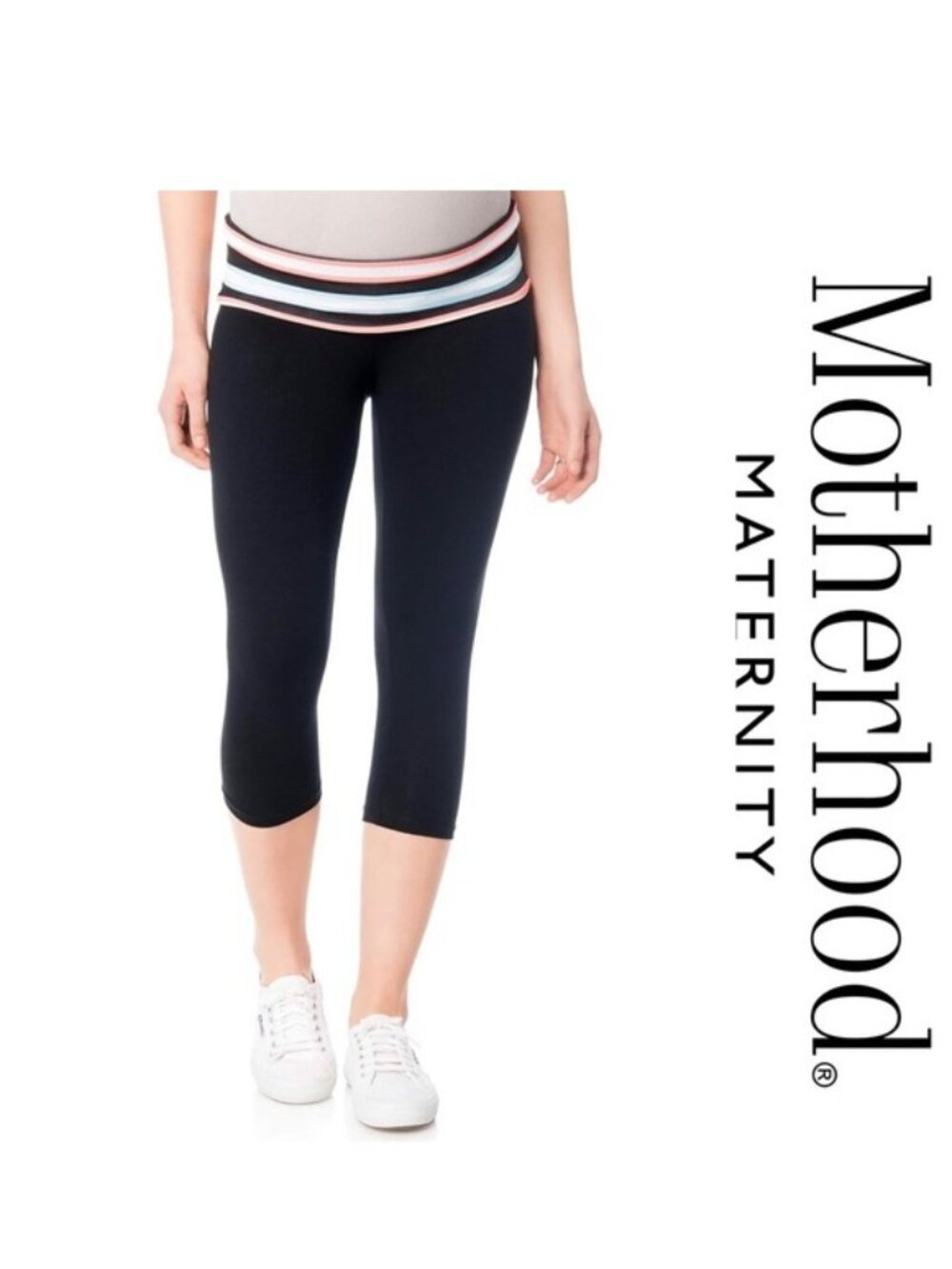 Motherhood Maternity | Striped Foldover-Waist Active Capri Leggings | Size Small